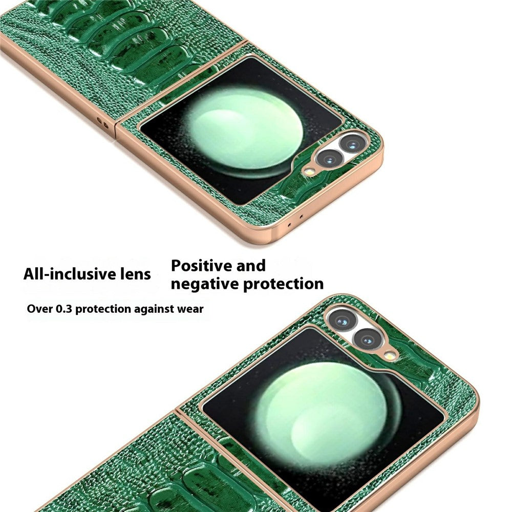 ABEEL For Samsung Galaxy Z Flip7 FE 5G / Z Flip6 5G Case Electroplating Edge Crocodile Texture Genuine Cow Leather+PC Phone Cover - Green