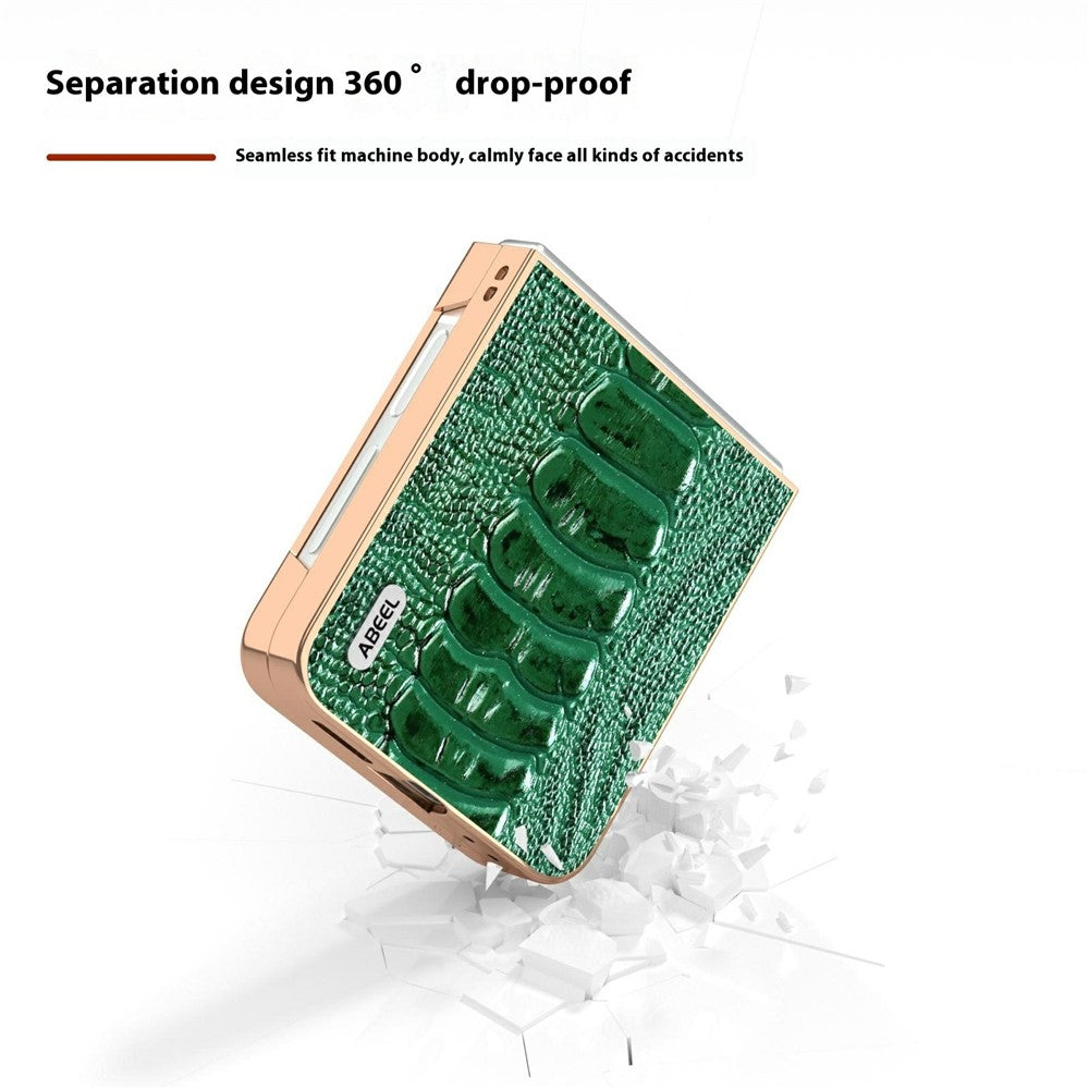 ABEEL For Samsung Galaxy Z Flip7 FE 5G / Z Flip6 5G Case Electroplating Edge Crocodile Texture Genuine Cow Leather+PC Phone Cover - Green
