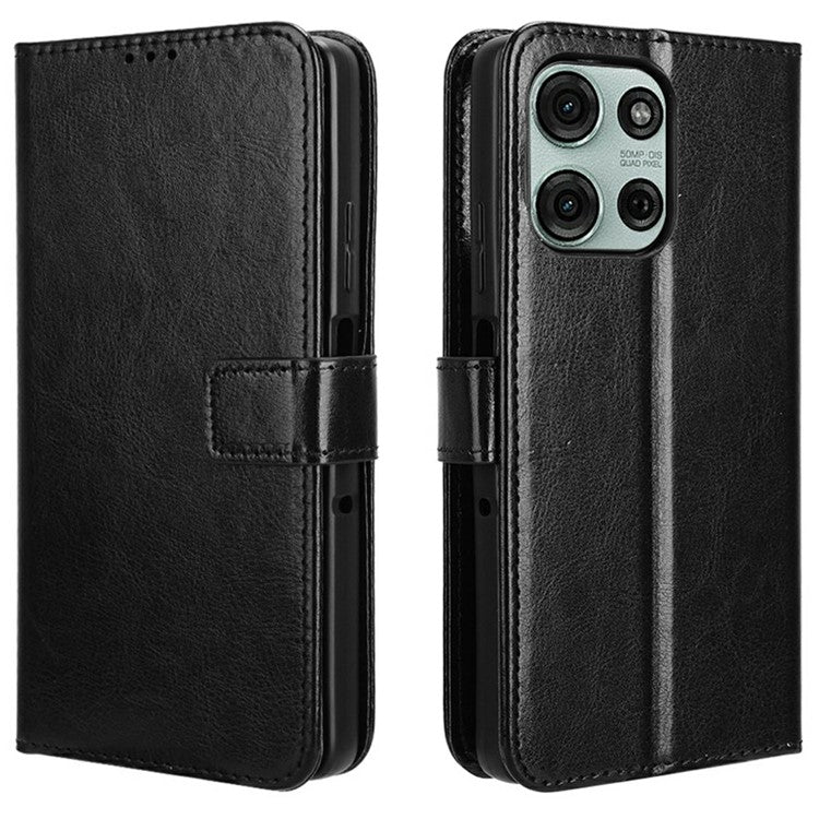 For Motorola Moto G75 5G Case Crazy Horse Texture PU Leather Phone Wallet Cover - Black
