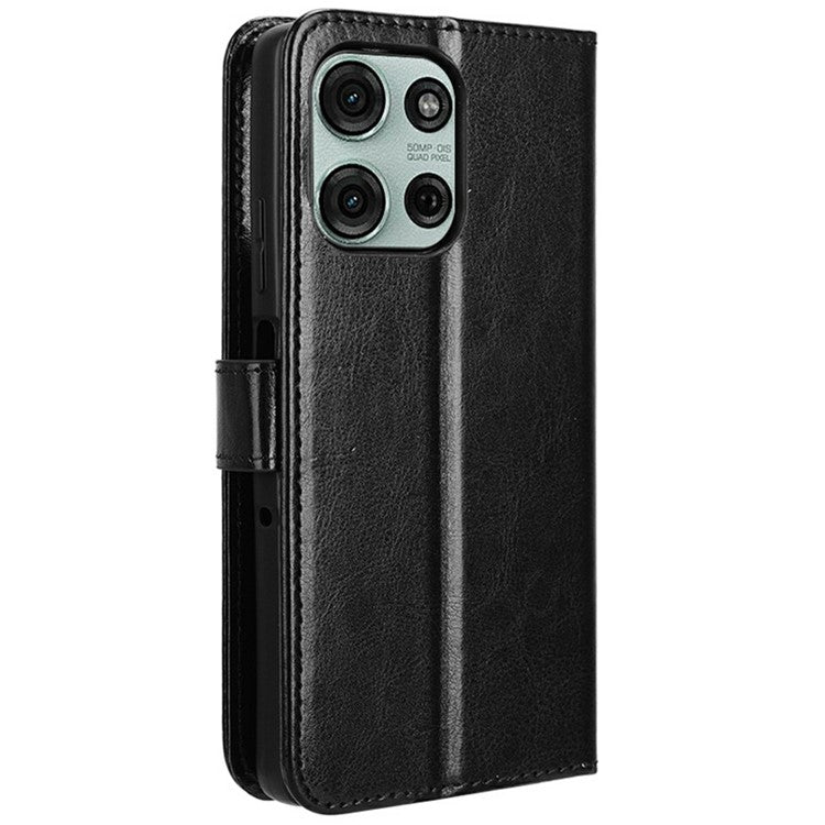 For Motorola Moto G75 5G Case Crazy Horse Texture PU Leather Phone Wallet Cover - Black
