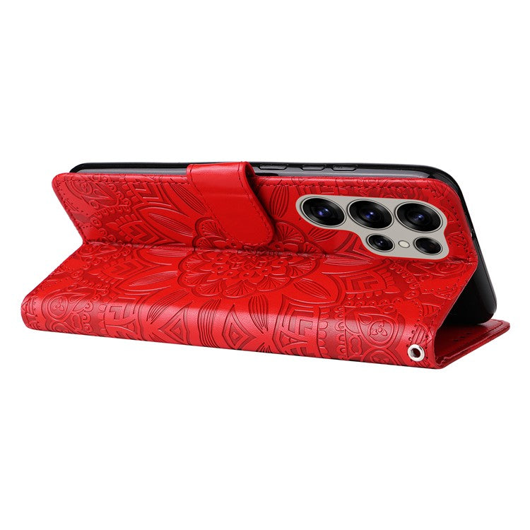 For Samsung Galaxy S25 Ultra Case Sunflower Imprint Leather Wallet Phone Cover - Red