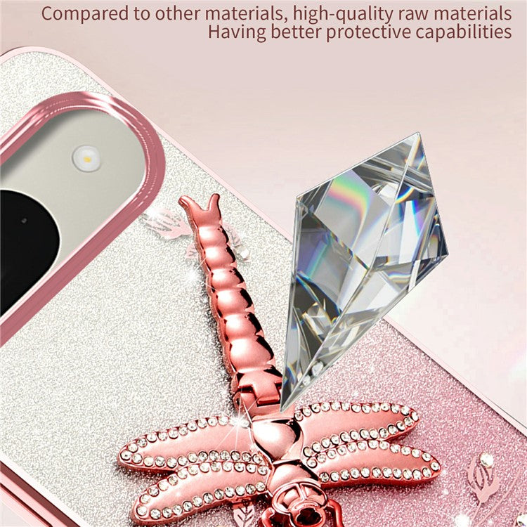 KADEM For Google Pixel 9 Pro / Pixel 9 Case Dragonfly Kickstand TPU Flowers Glitter Phone Cover - Pink
