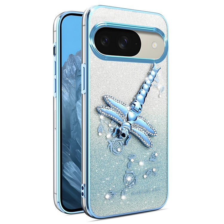 KADEM For Google Pixel 9 Pro / Pixel 9 Case Dragonfly Kickstand TPU Flowers Glitter Phone Cover - Blue