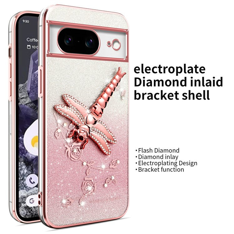 KADEM For Google Pixel 8 Case Dragonfly Kickstand TPU Flowers Glitter Phone Cover - Pink