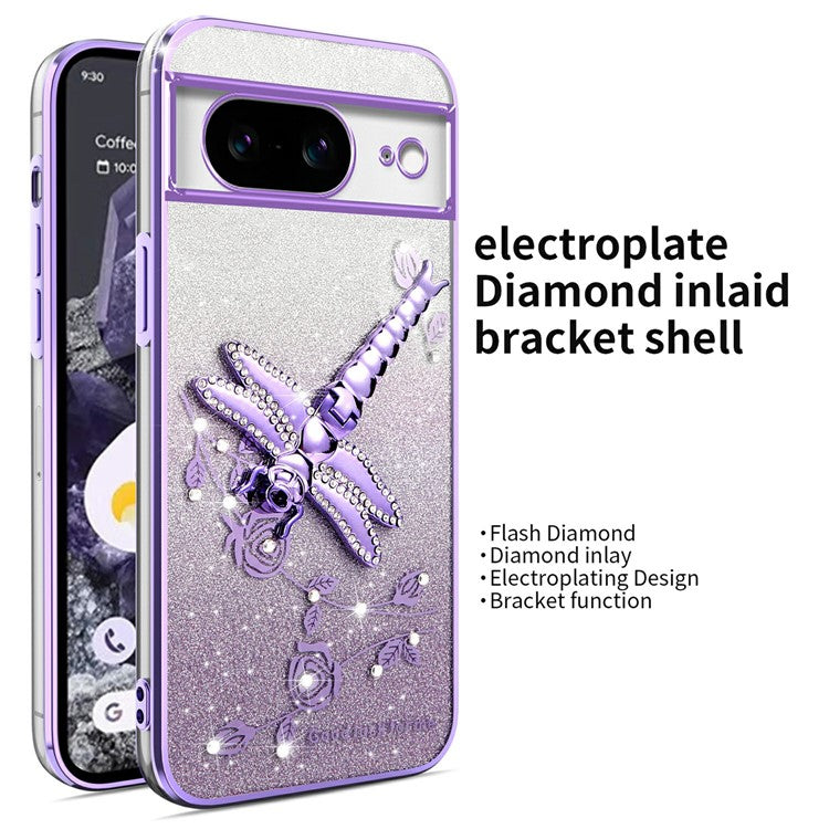 KADEM For Google Pixel 8 Case Dragonfly Kickstand TPU Flowers Glitter Phone Cover - Purple