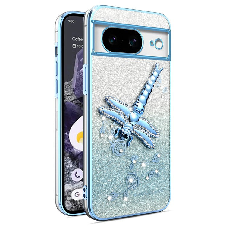 KADEM For Google Pixel 8 Case Dragonfly Kickstand TPU Flowers Glitter Phone Cover - Blue