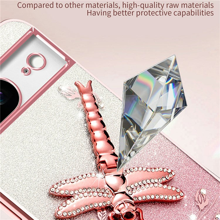 KADEM For Google Pixel 8 Case Dragonfly Kickstand TPU Flowers Glitter Phone Cover - Blue