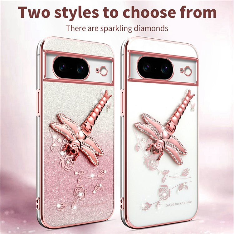 KADEM For Google Pixel 8 Case Dragonfly Kickstand TPU Flowers Glitter Phone Cover - Blue