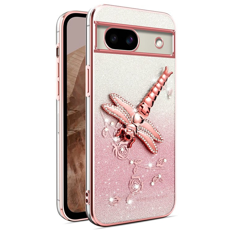 KADEM For Google Pixel 8a Case Dragonfly Kickstand TPU Flowers Glitter Phone Cover - Pink
