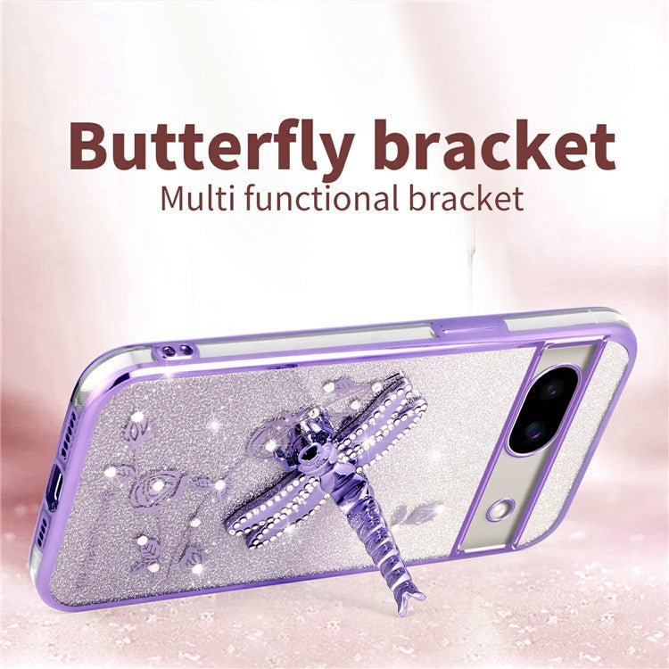 KADEM For Google Pixel 8a Case Dragonfly Kickstand TPU Flowers Glitter Phone Cover - Blue