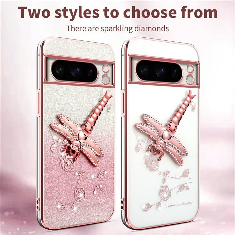 KADEM For Google Pixel 8 Pro Case Dragonfly Kickstand TPU Flowers Glitter Phone Cover - Pink