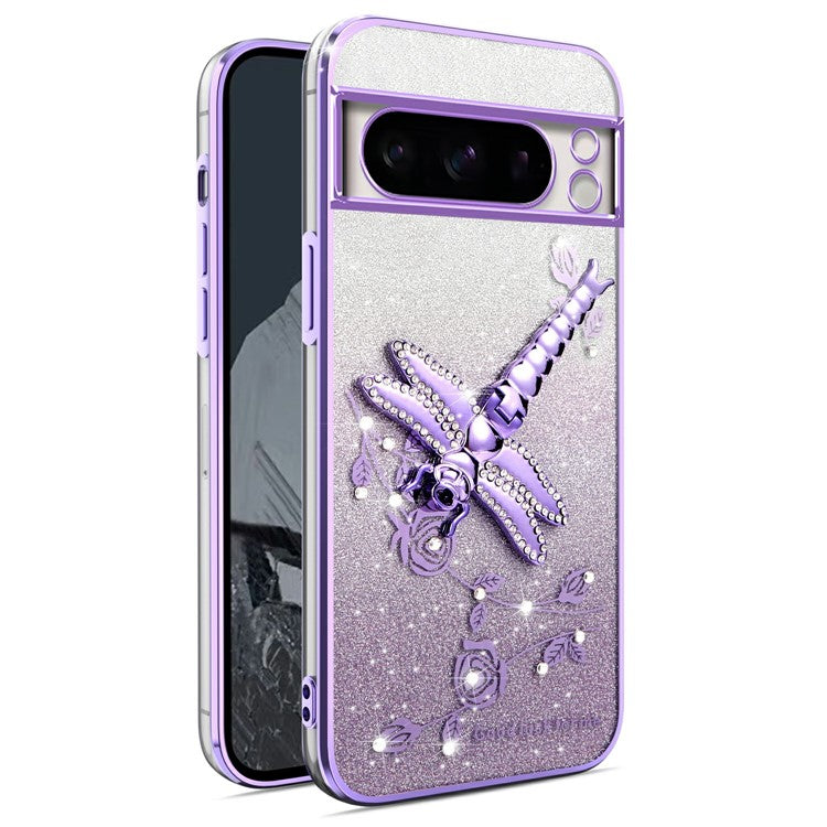 KADEM For Google Pixel 8 Pro Case Dragonfly Kickstand TPU Flowers Glitter Phone Cover - Purple