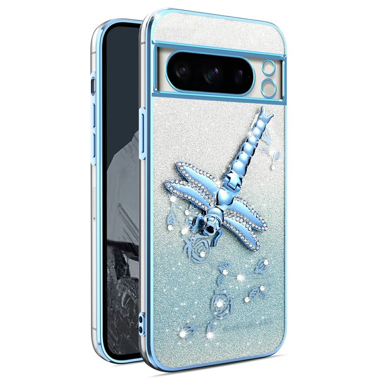 KADEM For Google Pixel 8 Pro Case Dragonfly Kickstand TPU Flowers Glitter Phone Cover - Blue