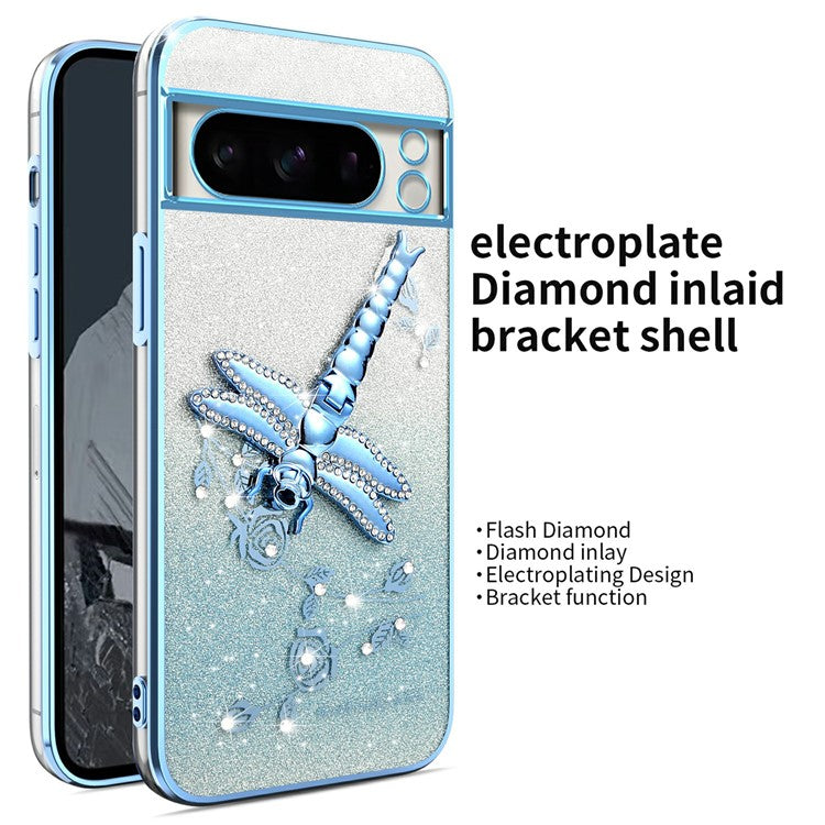 KADEM For Google Pixel 8 Pro Case Dragonfly Kickstand TPU Flowers Glitter Phone Cover - Blue