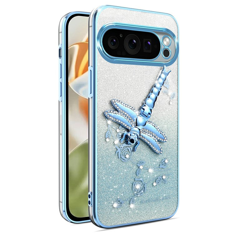 KADEM For Google Pixel 9 Pro XL Case Dragonfly Kickstand TPU Flowers Glitter Phone Cover - Blue