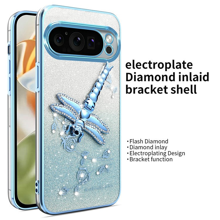 KADEM For Google Pixel 9 Pro XL Case Dragonfly Kickstand TPU Flowers Glitter Phone Cover - Blue