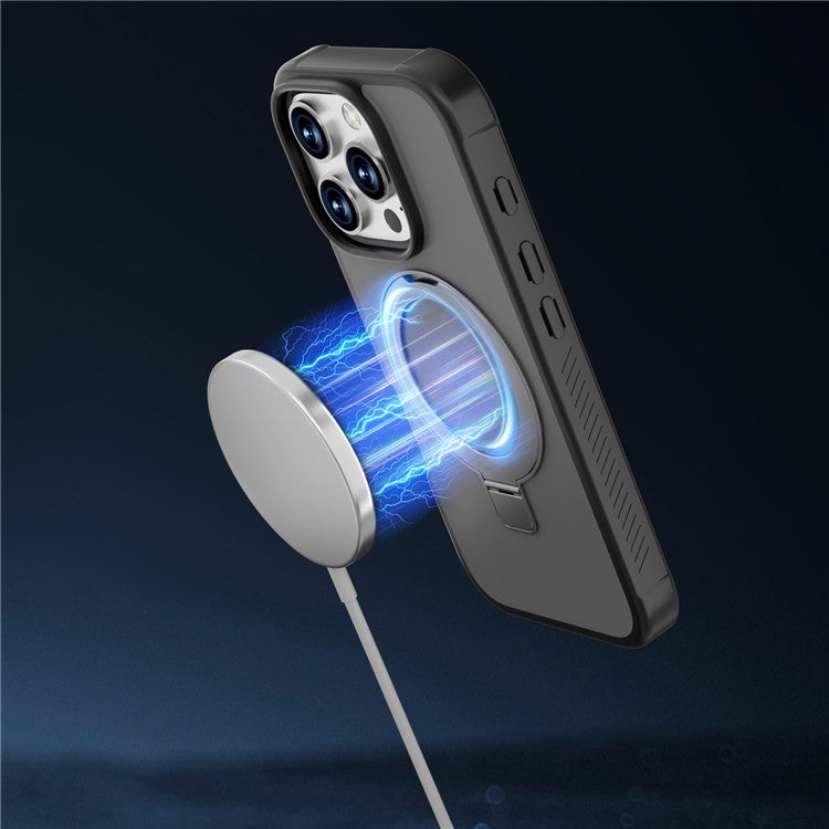 GW20 For iPhone 16 Pro Case Compatible with MagSafe Skin-Touch TPU+PC Kickstand Phone Cover - Black