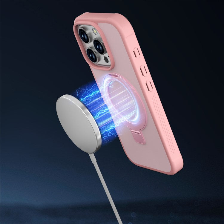 GW20 For iPhone 16 Pro Case Compatible with MagSafe Skin-Touch TPU+PC Kickstand Phone Cover - Light Pink