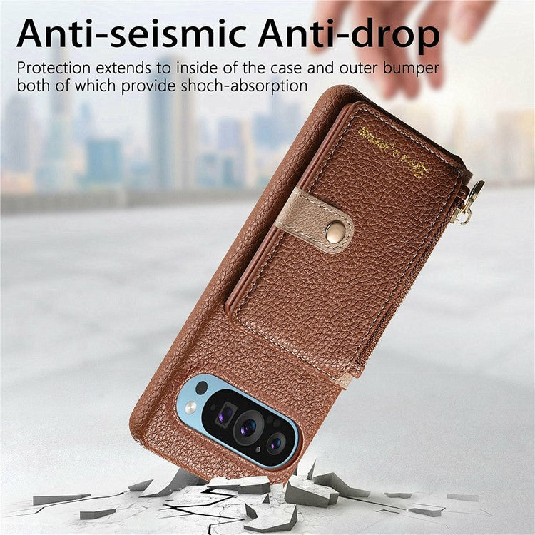 Y4 For Google Pixel 9 Pro XL Case Zipper Pocket Leather Phone Back Cover Card Holder Kickstand - Brown
