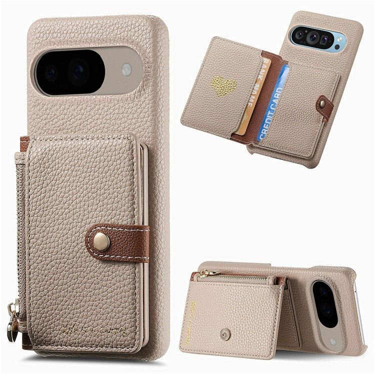Y4 For Google Pixel 9 Pro / Pixel 9 Case Zipper Pocket Leather Phone Back Cover Card Holder Kickstand - Khaki