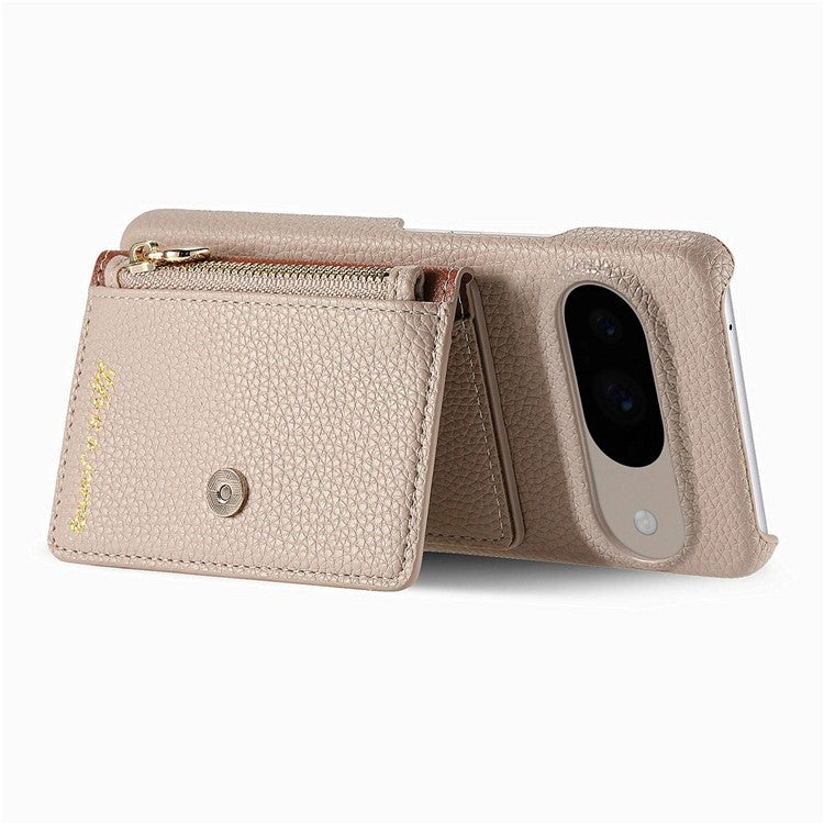 Y4 For Google Pixel 9 Pro / Pixel 9 Case Zipper Pocket Leather Phone Back Cover Card Holder Kickstand - Khaki