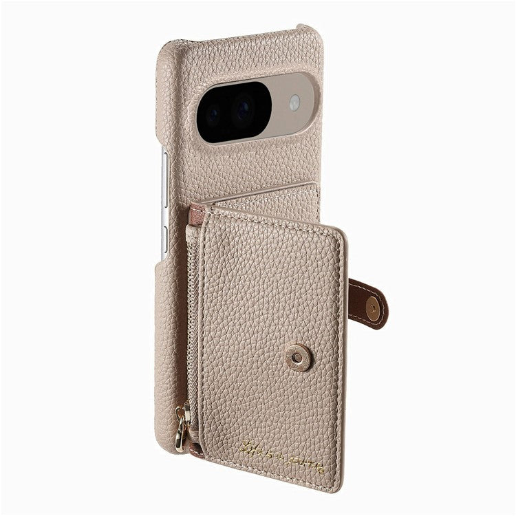 Y4 For Google Pixel 9 Pro / Pixel 9 Case Zipper Pocket Leather Phone Back Cover Card Holder Kickstand - Khaki