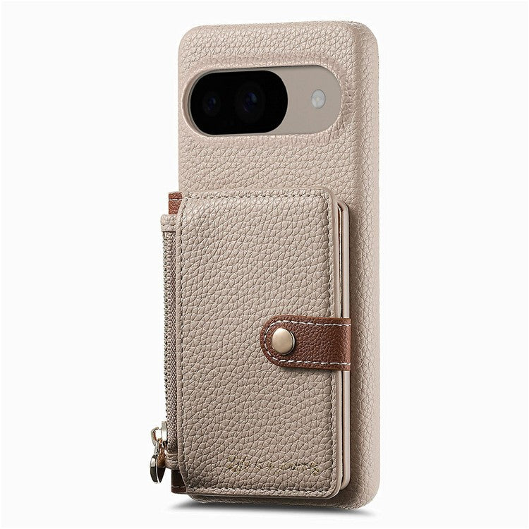 Y4 For Google Pixel 9 Pro / Pixel 9 Case Zipper Pocket Leather Phone Back Cover Card Holder Kickstand - Khaki