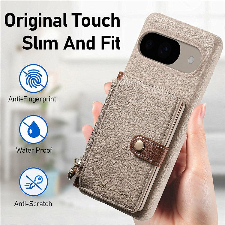 Y4 For Google Pixel 9 Pro / Pixel 9 Case Zipper Pocket Leather Phone Back Cover Card Holder Kickstand - Khaki