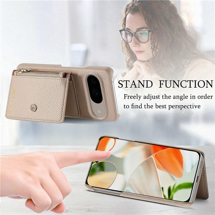 Y4 For Google Pixel 9 Pro / Pixel 9 Case Zipper Pocket Leather Phone Back Cover Card Holder Kickstand - Khaki