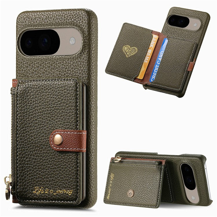 Y4 For Google Pixel 9 Pro / Pixel 9 Case Zipper Pocket Leather Phone Back Cover Card Holder Kickstand - Army Green