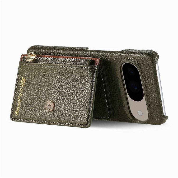 Y4 For Google Pixel 9 Pro / Pixel 9 Case Zipper Pocket Leather Phone Back Cover Card Holder Kickstand - Army Green