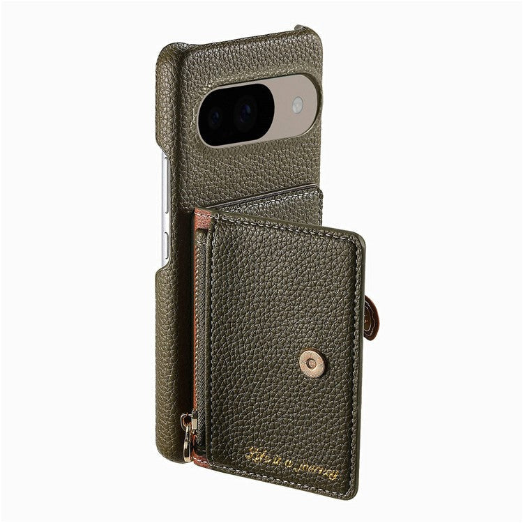 Y4 For Google Pixel 9 Pro / Pixel 9 Case Zipper Pocket Leather Phone Back Cover Card Holder Kickstand - Army Green