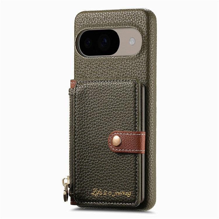 Y4 For Google Pixel 9 Pro / Pixel 9 Case Zipper Pocket Leather Phone Back Cover Card Holder Kickstand - Army Green