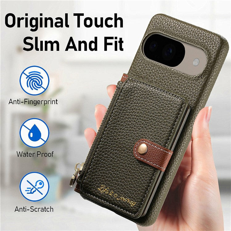 Y4 For Google Pixel 9 Pro / Pixel 9 Case Zipper Pocket Leather Phone Back Cover Card Holder Kickstand - Army Green