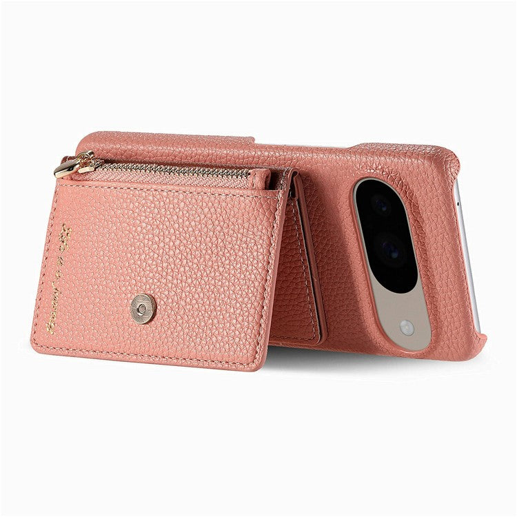 Y4 For Google Pixel 9 Pro / Pixel 9 Case Zipper Pocket Leather Phone Back Cover Card Holder Kickstand - Pink