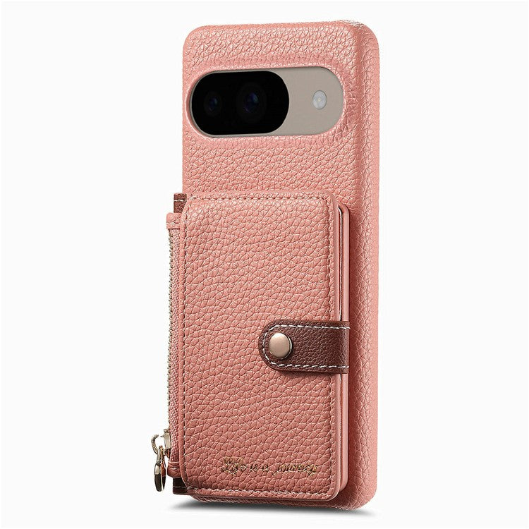 Y4 For Google Pixel 9 Pro / Pixel 9 Case Zipper Pocket Leather Phone Back Cover Card Holder Kickstand - Pink