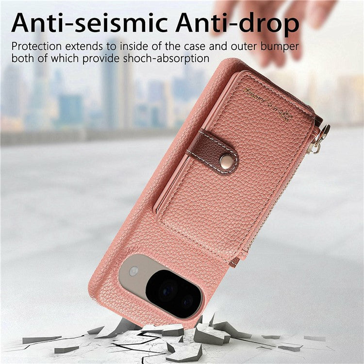 Y4 For Google Pixel 9 Pro / Pixel 9 Case Zipper Pocket Leather Phone Back Cover Card Holder Kickstand - Pink