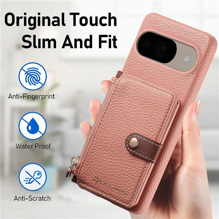 Y4 For Google Pixel 9 Pro / Pixel 9 Case Zipper Pocket Leather Phone Back Cover Card Holder Kickstand - Pink