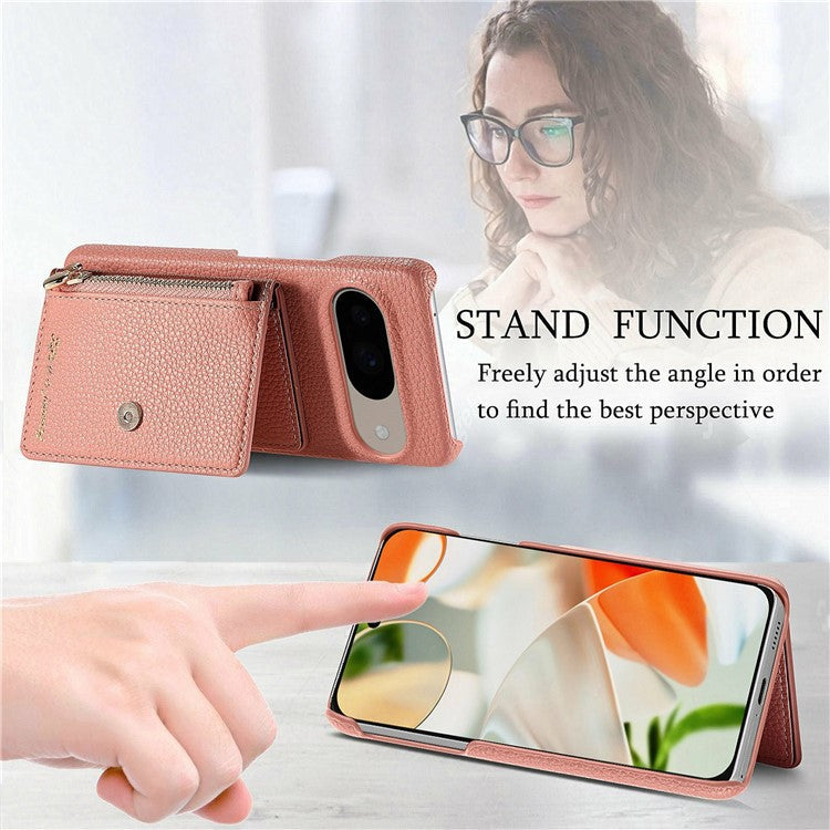 Y4 For Google Pixel 9 Pro / Pixel 9 Case Zipper Pocket Leather Phone Back Cover Card Holder Kickstand - Pink