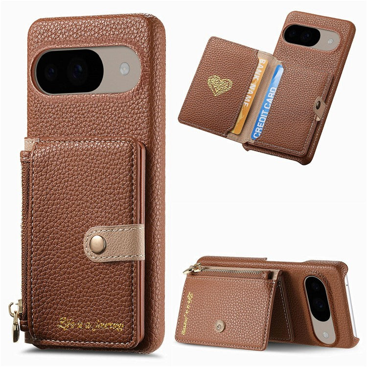 Y4 For Google Pixel 9 Pro / Pixel 9 Case Zipper Pocket Leather Phone Back Cover Card Holder Kickstand - Brown