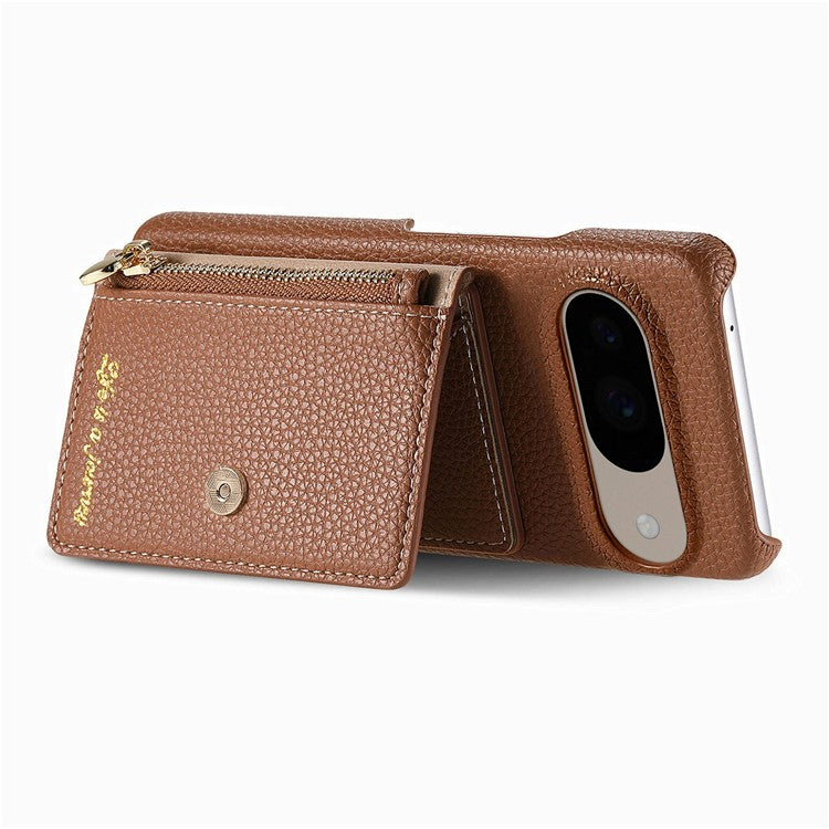 Y4 For Google Pixel 9 Pro / Pixel 9 Case Zipper Pocket Leather Phone Back Cover Card Holder Kickstand - Brown