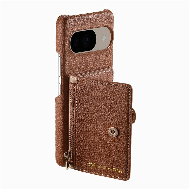Y4 For Google Pixel 9 Pro / Pixel 9 Case Zipper Pocket Leather Phone Back Cover Card Holder Kickstand - Brown