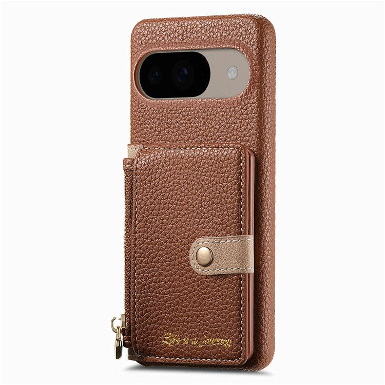 Y4 For Google Pixel 9 Pro / Pixel 9 Case Zipper Pocket Leather Phone Back Cover Card Holder Kickstand - Brown