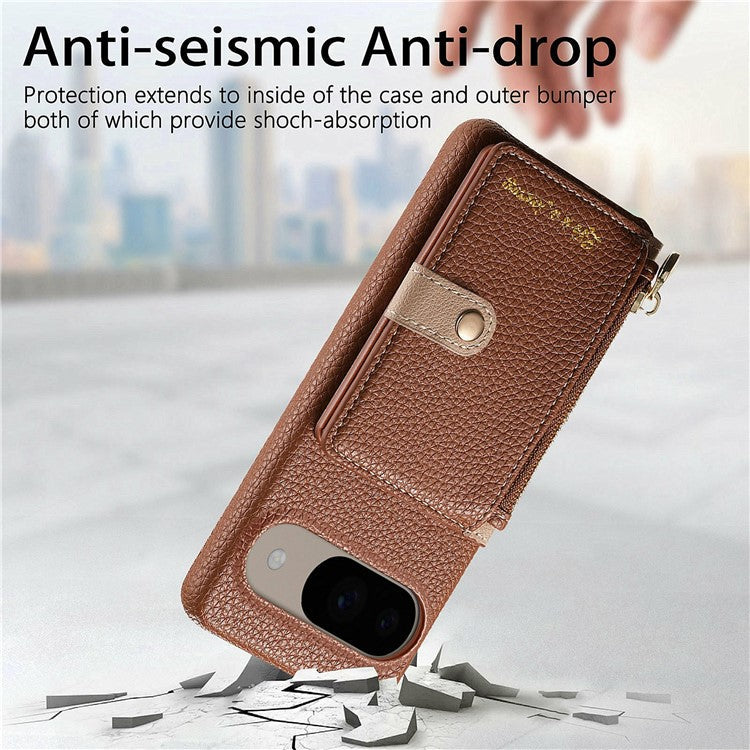 Y4 For Google Pixel 9 Pro / Pixel 9 Case Zipper Pocket Leather Phone Back Cover Card Holder Kickstand - Brown