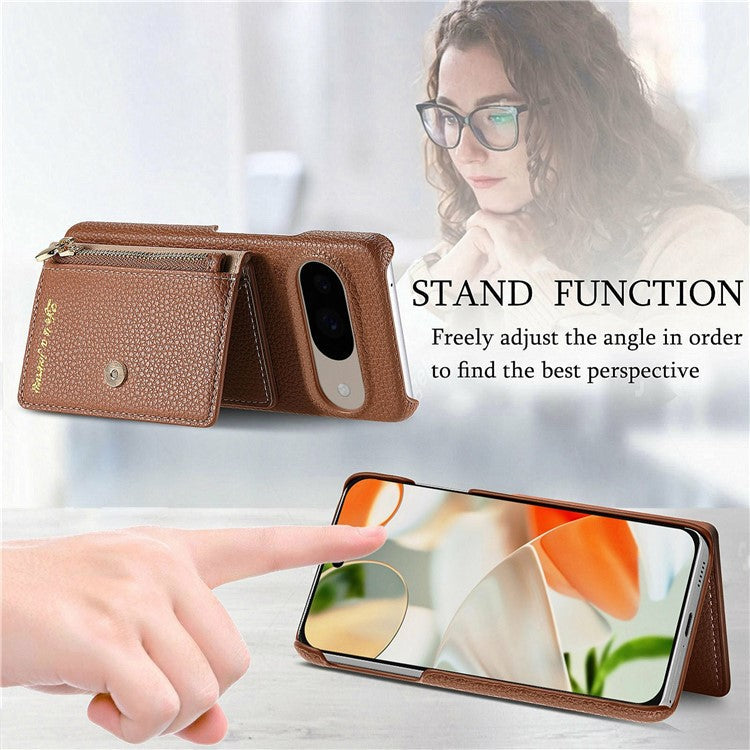 Y4 For Google Pixel 9 Pro / Pixel 9 Case Zipper Pocket Leather Phone Back Cover Card Holder Kickstand - Brown