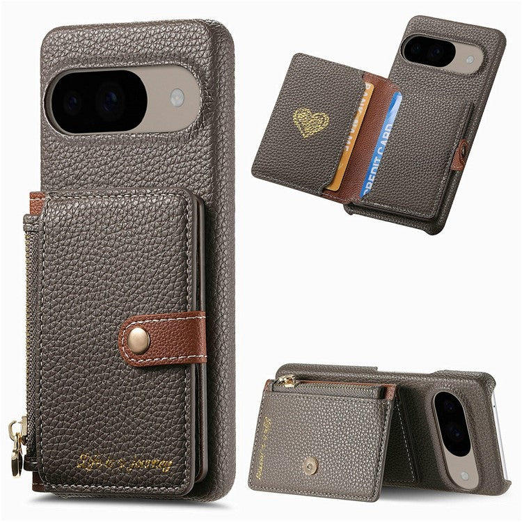 Y4 For Google Pixel 9 Pro / Pixel 9 Case Zipper Pocket Leather Phone Back Cover Card Holder Kickstand - Grey