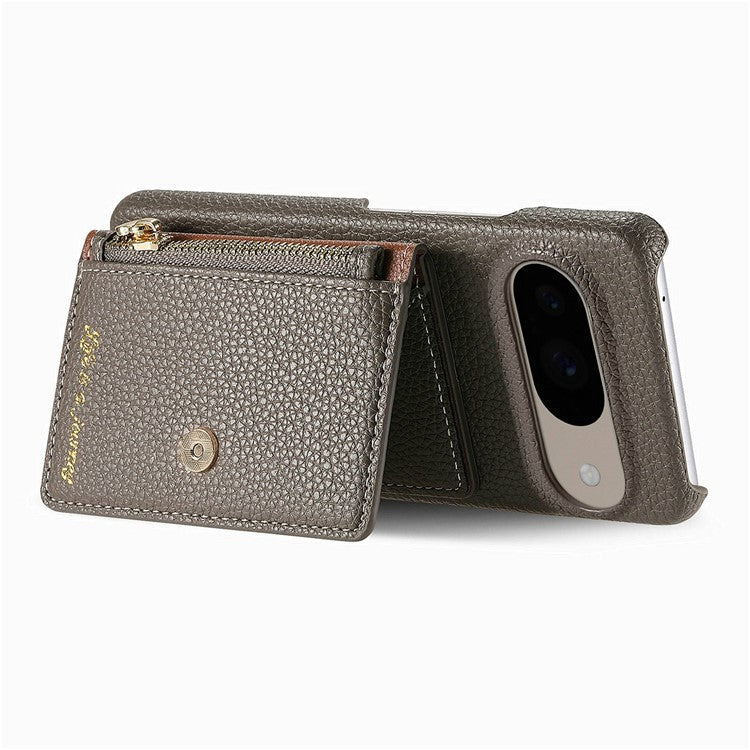 Y4 For Google Pixel 9 Pro / Pixel 9 Case Zipper Pocket Leather Phone Back Cover Card Holder Kickstand - Grey