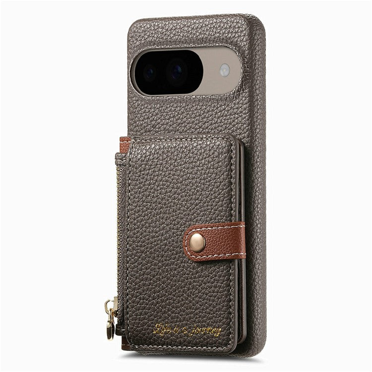 Y4 For Google Pixel 9 Pro / Pixel 9 Case Zipper Pocket Leather Phone Back Cover Card Holder Kickstand - Grey