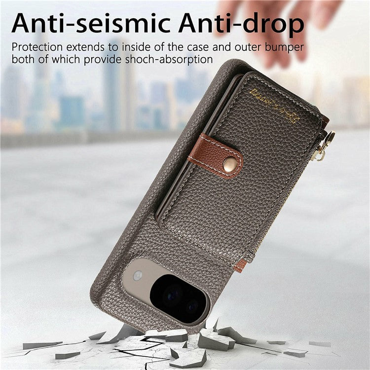 Y4 For Google Pixel 9 Pro / Pixel 9 Case Zipper Pocket Leather Phone Back Cover Card Holder Kickstand - Grey