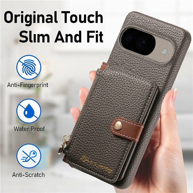 Y4 For Google Pixel 9 Pro / Pixel 9 Case Zipper Pocket Leather Phone Back Cover Card Holder Kickstand - Grey